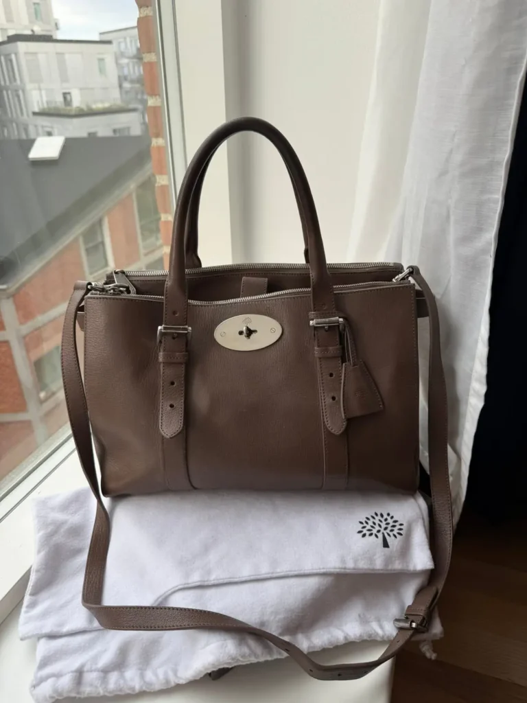 Mulberry Large Bayswater Double Zip Tote i Taupe Shiny Goat læder