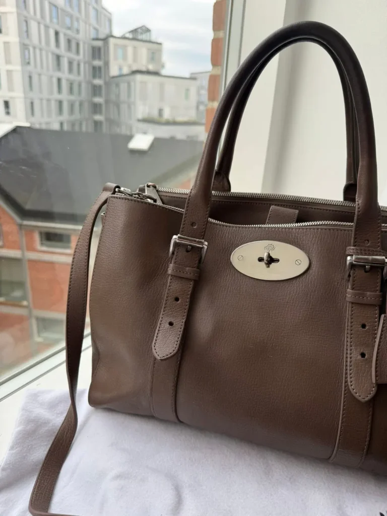 Mulberry Large Bayswater Double Zip Tote i Taupe Shiny Goat læder