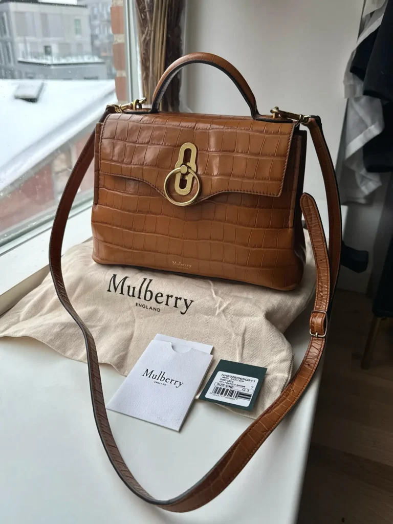 Mulberry Mini Seaton – Tan – Croc-Embossed Calfskin Leather with Shoulder Strap