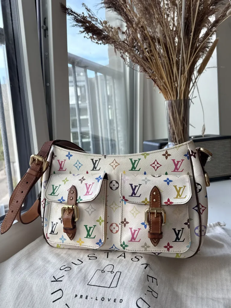Louis Vuitton x Takashi Murakami Lodge GM Vintage Shoulder & Crossbody Bag in White Monogram Multicolore Canvas with Vachetta Leather