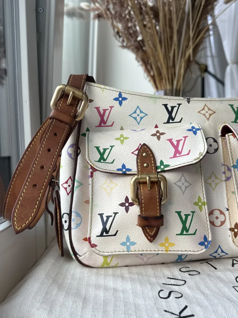 Louis Vuitton x Takashi Murakami Lodge GM Vintage Shoulder & Crossbody Bag in White Monogram Multicolore Canvas with Vachetta Leather